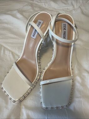 Steve Madden White Crystal-Trim Square-Toe Heeled Sandals
